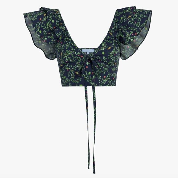 Hill House Home The Alexa Top Cropped Floral Print V-Neck Navy Blue Green S - Picture 6 of 6